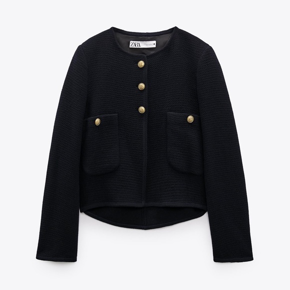 NWOT. Zara Navy Blue Textured Wool Blend Metal Buttons Jacket. Size M. - Picture 7 of 11